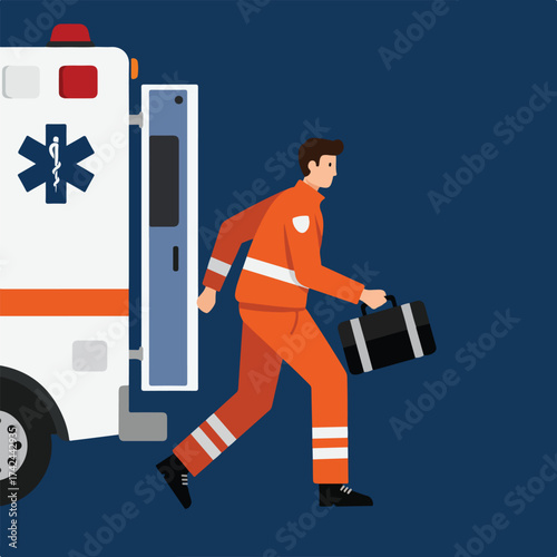 Emergency responder in uniform rushes from ambulance with medical bag