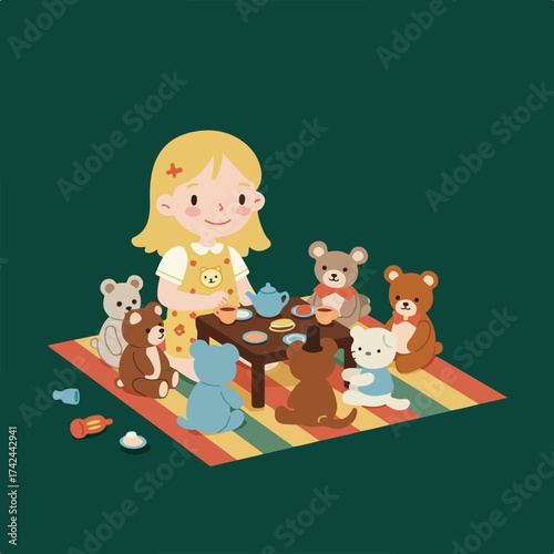 A little girl enjoys a tea party with her stuffed teddy bear friends