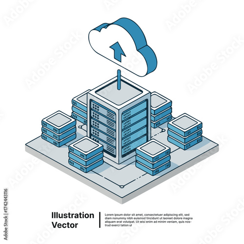 Scalable Cloud Computing Infrastructure Isometric Illustration of Data Servers and Seamless Digital Information Management System
