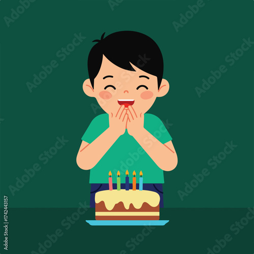 Joyful child with hands clasped over mouth, anticipating a frosted cake with lit candles