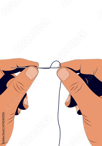 Flat Vector Illustration of Hands Threading a Needle