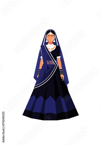 Elegant Flat Vector Illustration of Indian Woman in Lehenga