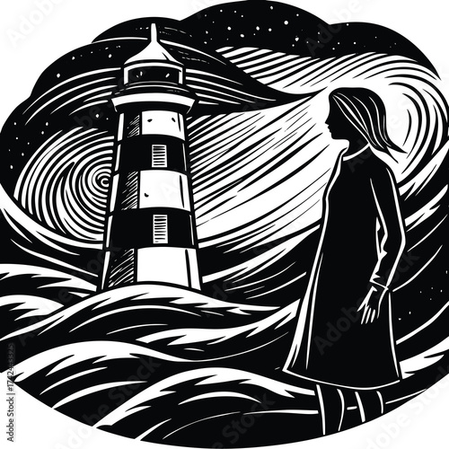 Vector woodcut illustration of a vintage lighthouse on the sea with the silhouette of a woman and people for a business theme