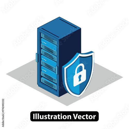 Secure data storage infrastructure with protected server and privacy shield icon vector graphic