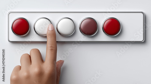 Button Selection: A close-up shot of a hand pressing a white button among other colored ones, offering a visual of decisive action and technology interaction.