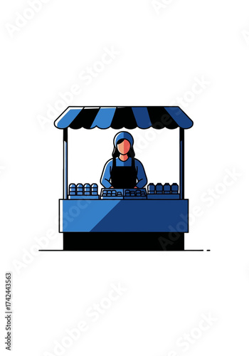 Flat Vector Illustration of Woman Vendor at Market Stall