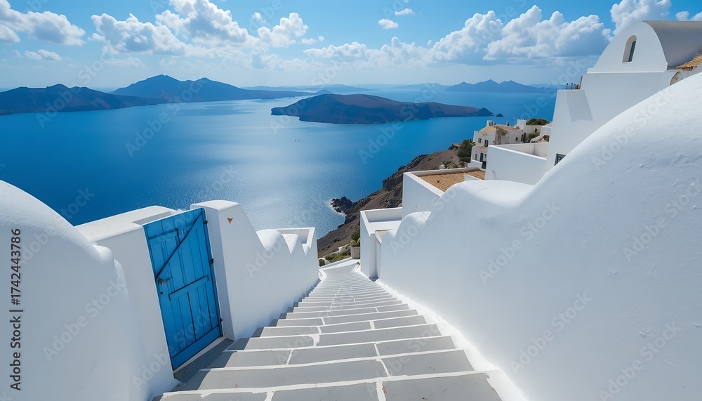 Obraz premium picturesque view of whitewashed architecture overlooking serene blue sea under clear sky