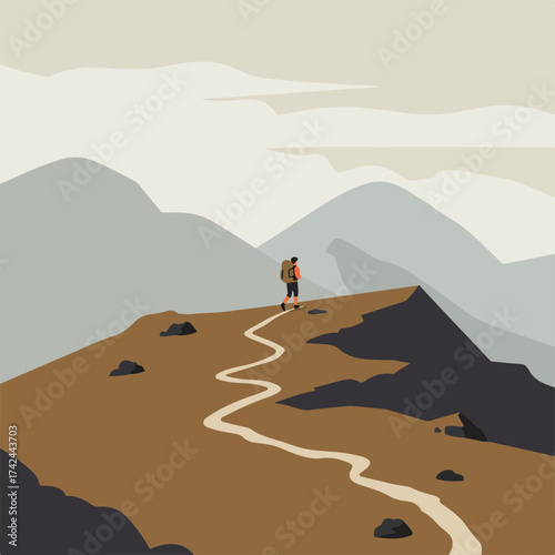 Person with backpack walks on a path up a mountain with misty peaks behind