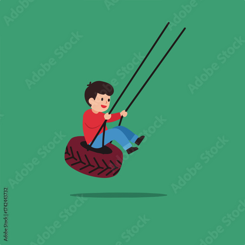 Child joyfully swings on a tire swing against a green backdrop