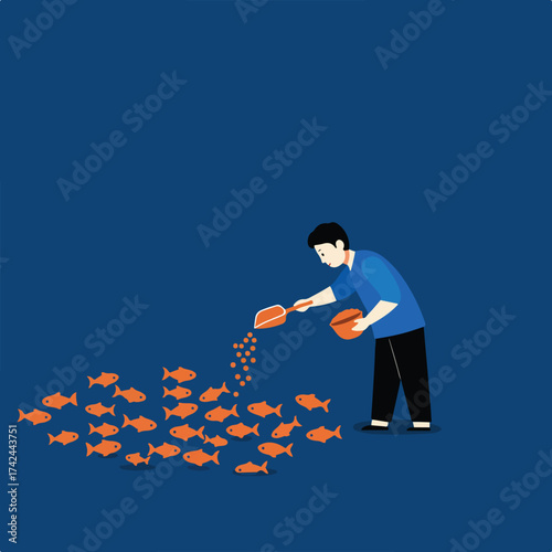 Person feeding school of fish with tiny pellets from a scoop