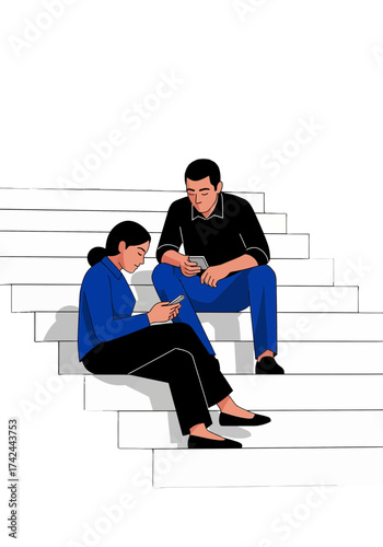 Flat Vector People Sitting on Stairs Using Smartphones