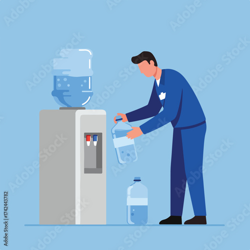Person in blue suit replacing a water cooler bottle on a cool, clear day