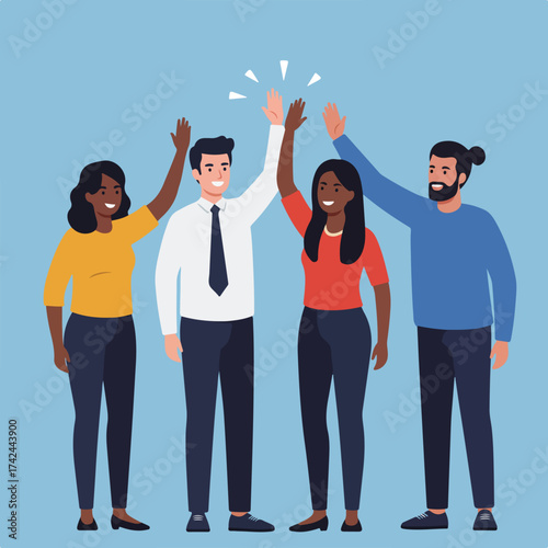Four diverse people high-fiving with joy