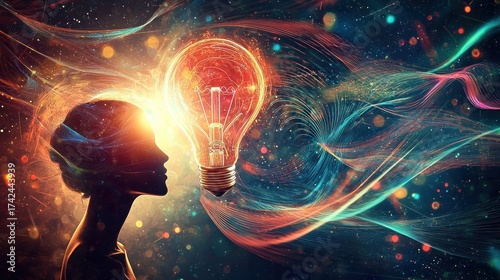 A glowing lightbulb floating above a thinkerâ€™s head surrounded by abstract swirling lines symbolizing the inception of an idea