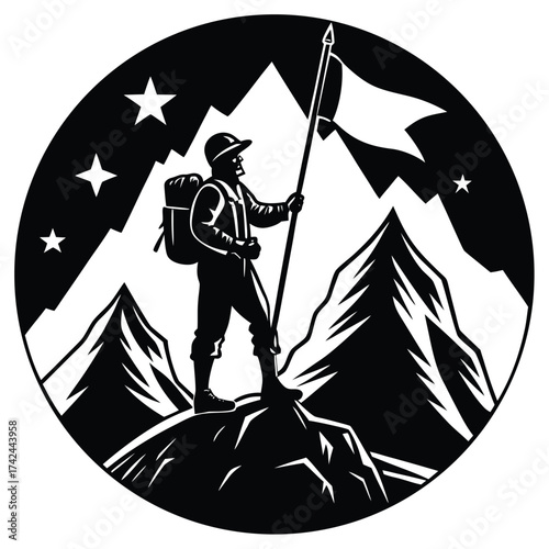 Black and white vector illustration of a man with a sword, styled like a woodcut sketch