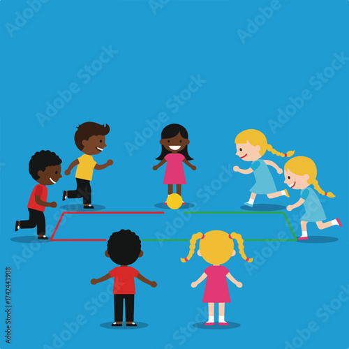 Children playing a game with a ball on a blue background, with lines dividing them