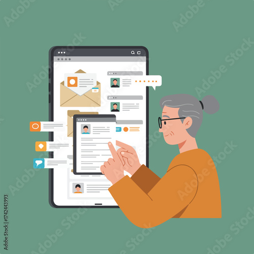 Older woman using a tablet to navigate emails and social media