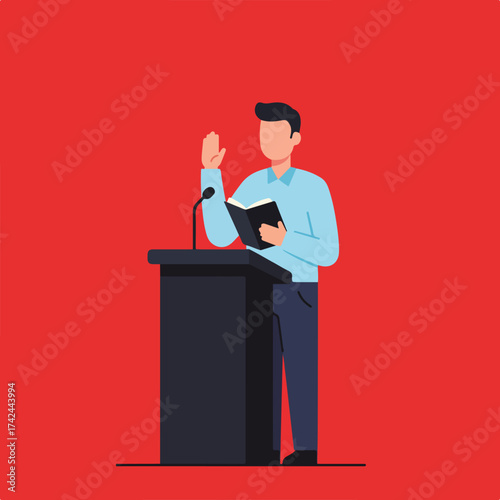 Person speaking at podium with book and raised hand on red background