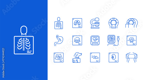 Medical radiology and scan icon set. Collection of blue line icons including X-ray, MRI, CT scan, ultrasound, heart monitor, dental and bone imaging, and organ diagnostics. Vector illustration for hea