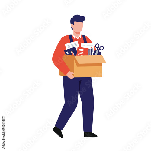 Man carries box with office supplies, moving or starting new job