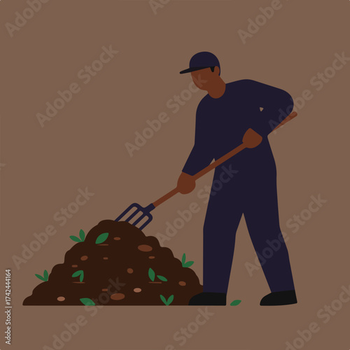Person in dark outfit with pitchfork tending to a pile of soil and small plants