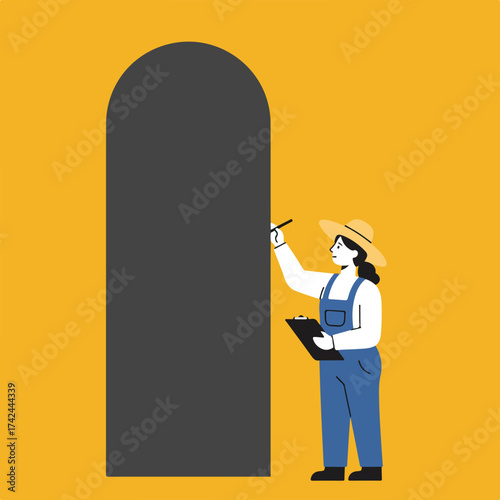Stylized person in overalls and hat by large dark archway, holding clipboard & pen