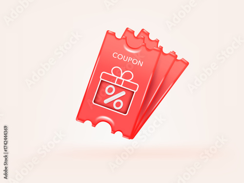 3D coupon discount banner red color. Tag label, banner with Percentage isolated. 3d rendering.