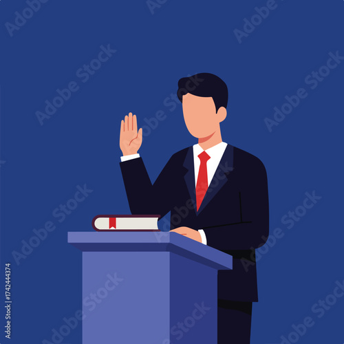 Man in suit swears oath on book at podium
