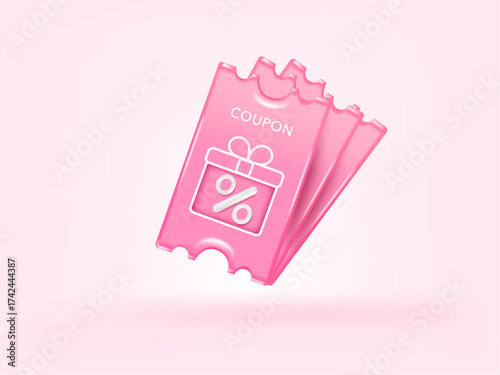 3D coupon discount banner pink color. Tag label, banner with Percentage isolated. 3d rendering.
