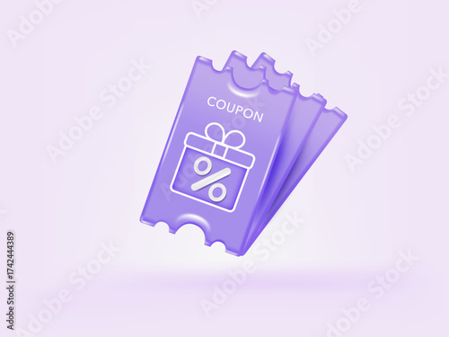 3D coupon discount banner purple color. Tag label, banner with Percentage isolated. 3d rendering.
