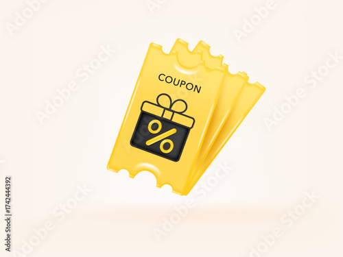 3D coupon discount banner yellow color. Tag label, banner with Percentage isolated. 3d rendering.