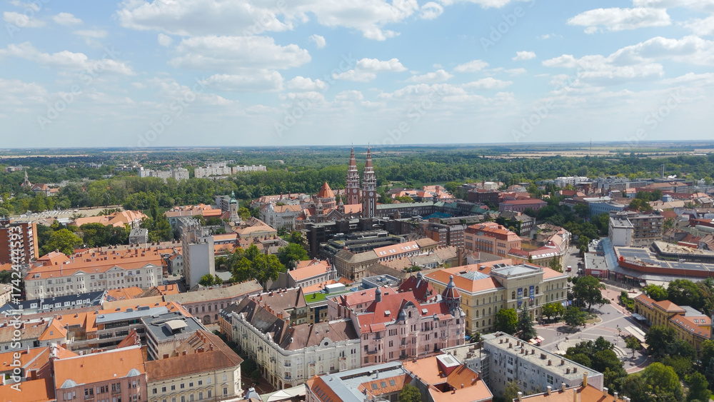 Fototapeta premium Drone View of Votive Church of Szeged with Cityscape
