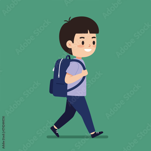 Cartoon boy with dark hair and backpack walks with a smile