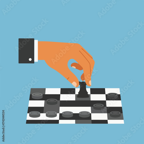 Hand moving a chess piece on a checkered board with checkers