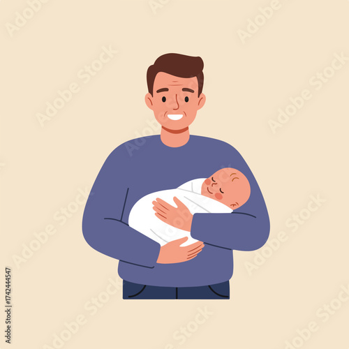 Gentle man holding a swaddled baby