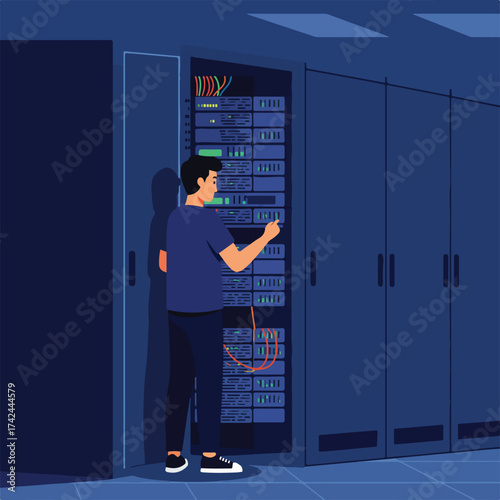 Technician works with server racks in a data center