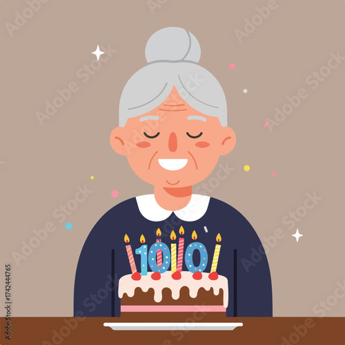 Smiling elderly woman celebrates 100th birthday with a cake and lit candles