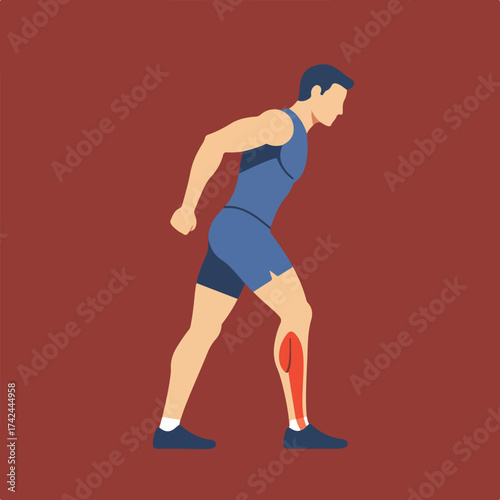 Athlete's calf muscle highlighted in red, showing stress or injury