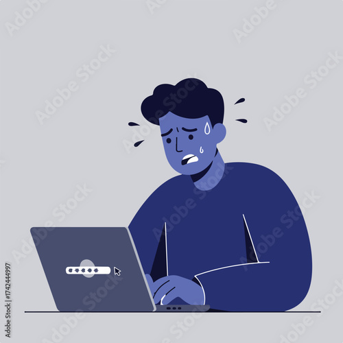 Worried person sweating while entering password on laptop