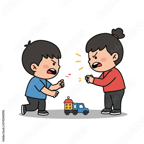 Two angry kids argue over a toy truck on a white background
