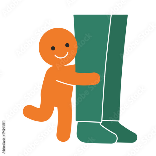 Simple orange figure hugs a larger green figure's leg
