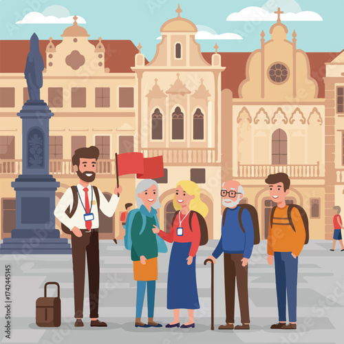 Tour guide with flag leads diverse group sightseeing past historic buildings