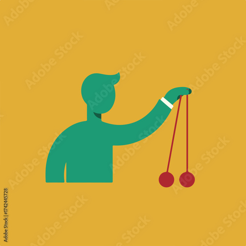 Teal figure holds red pendulum balls, representing balance and motion