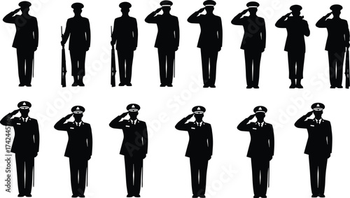 Military silhouette, soldier salute, rifle stance, army personnel, tactical gear, ceremonial pose, defense force, uniformed troop, tribute, vector illustration