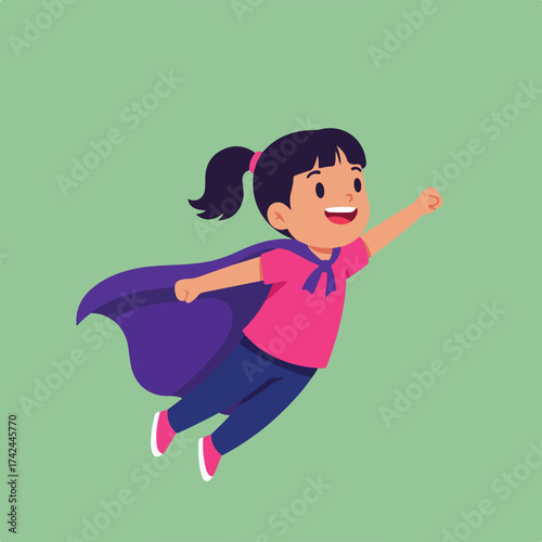 Cartoon girl flying like a superhero in a purple cape against a green background