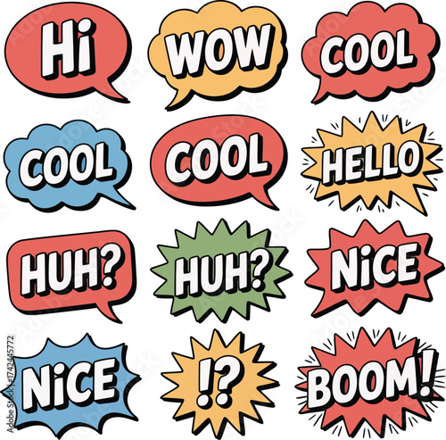 Comic Speech Bubble Set – Colorful Pop Art Style with Exclamations Like WOW, BOOM, COOL, NICE – Fun Graphic Icons for Cartoons, Design, and Expression