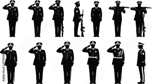 Military silhouette, soldier salute, rifle stance, army posture, uniformed personnel, ceremonial pose, defense force, armed service, tribute, vector illustration