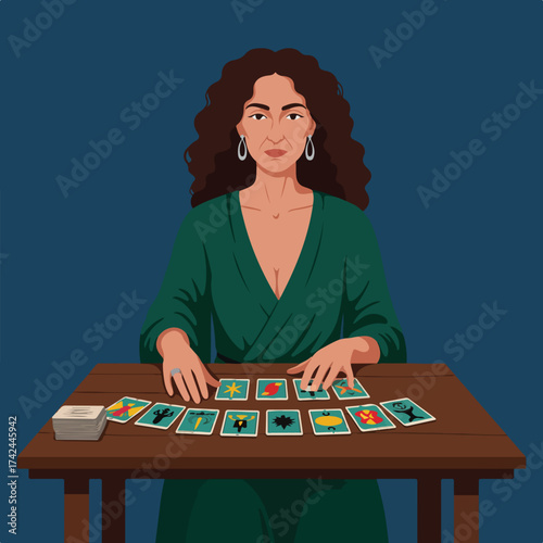 Woman in green dress performs a card reading with colorful tarot cards