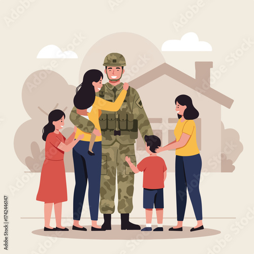 Soldier reunited with family outside home, receiving warm hugs