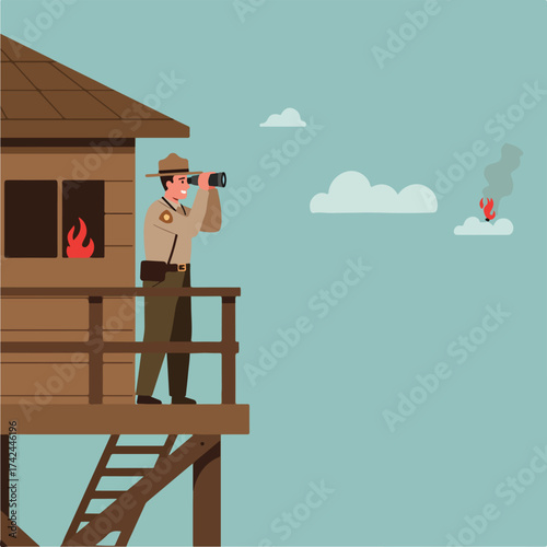 Watchtower guard spots distant smoke plumes and internal cabin flames
